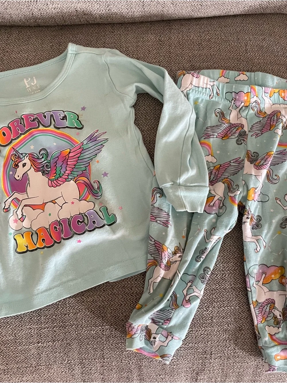 The Children's Place Mint Green Unicorn Pajama Set with Rainbow Accents